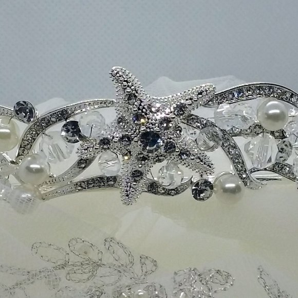 Silver Crystals, Pearls, Beads Hand Decorated Starfish Beach Wedding Tiara NWT - Picture 9 of 9